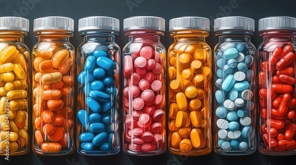 Fototapeta Colorful assortment of medication bottles filled with various pills arranged on a dark surface