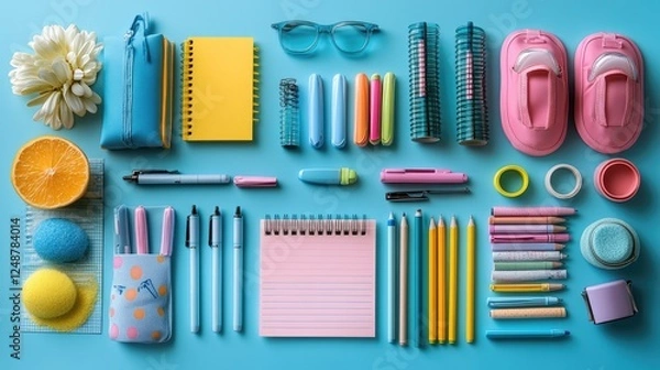 Fototapeta Colorful stationery and accessories arranged on a vibrant blue background with floral elements