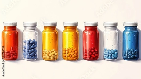 Fototapeta Colorful assortment of medicine bottles filled with various pills, set against a light background