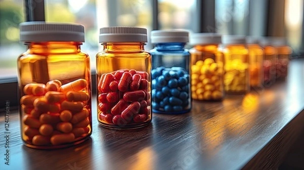 Fototapeta Colorful assortment of medicine bottles filled with various capsules displayed by a window