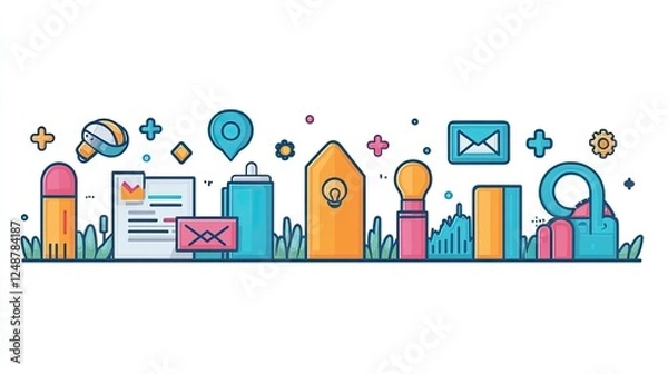 Fototapeta Colorful vector illustration of digital tools and icons representing communication and security