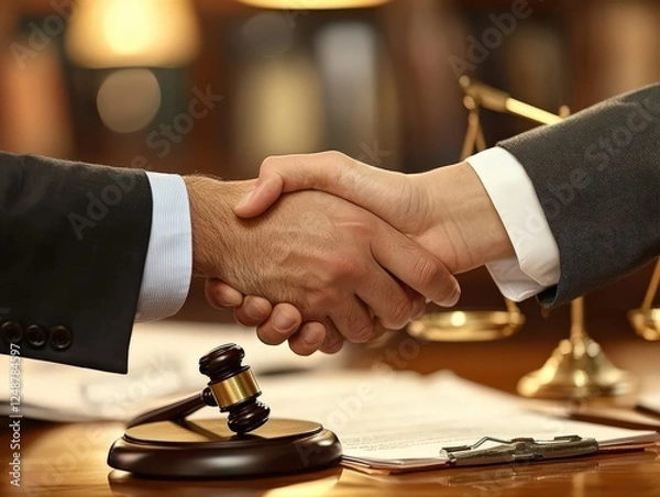 Fototapeta Business partners sealing a deal with a confident handshake, surrounded by legal documents and contracts