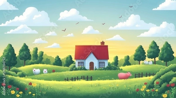 Fototapeta A serene countryside scene featuring a cozy house surrounded by vibrant fields, animals, and trees