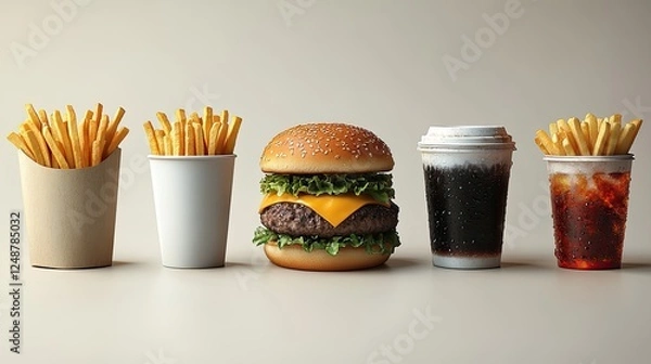 Fototapeta Delicious fast food arrangement featuring a cheeseburger, fries, and drinks on a neutral background