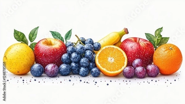Fototapeta Vibrant assortment of fresh fruits including apples, grapes, oranges, and a banana on a clean background