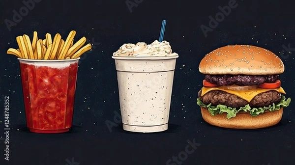 Fototapeta A vibrant illustration of fast food including fries, a milkshake, and a burger on a dark background