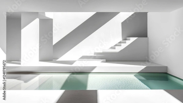 Fototapeta Minimalist design featuring stairs and a serene indoor pool