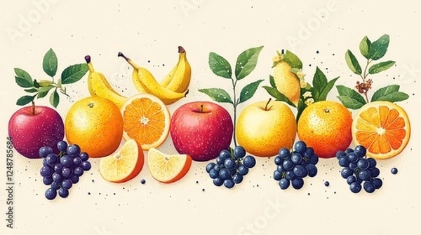 Fototapeta Colorful arrangement of fresh fruits including apples, bananas, grapes, and citrus on a light background