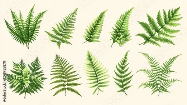 Fototapeta Collection of various fern leaves showcasing intricate patterns and vibrant greens on a light background
