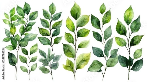 Fototapeta A collection of various green leaves showcasing different shapes and sizes against a white background