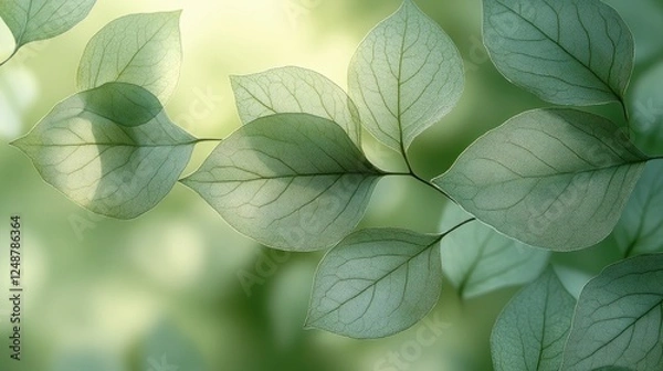 Fototapeta Delicate green leaves gently swaying in soft sunlight, creating a serene and tranquil atmosphere