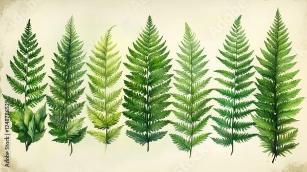 Fototapeta A vibrant collection of various fern leaves displayed in a harmonious arrangement on a soft background