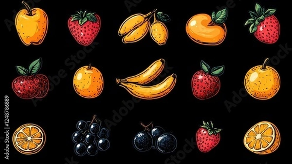 Fototapeta Colorful assortment of hand-drawn fruits including apples, strawberries, bananas, and oranges on a black background