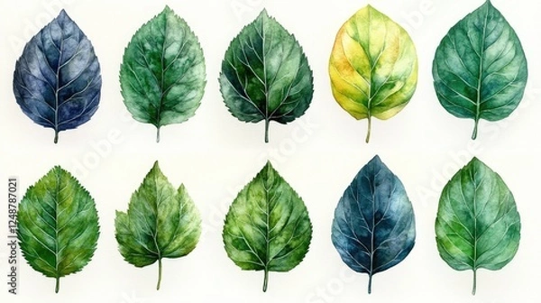 Fototapeta A vibrant collection of hand-painted leaves showcasing various colors and textures, ideal for nature-themed designs