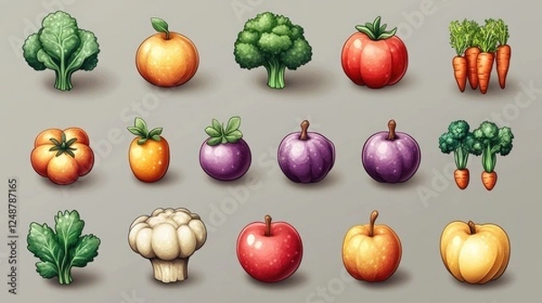 Fototapeta Colorful assortment of fresh vegetables and fruits arranged artistically on a neutral background