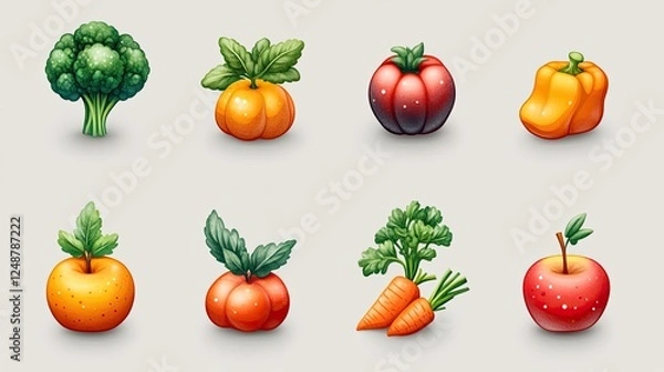 Fototapeta Colorful assortment of fresh vegetables and fruits arranged neatly on a light background