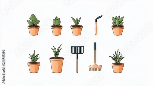 Fototapeta A vibrant display of various potted plants and gardening tools arranged neatly on a white background