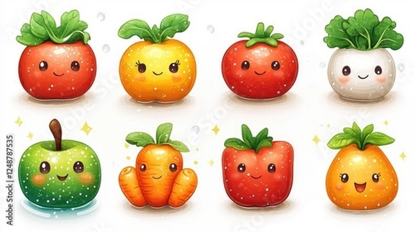 Fototapeta Cute cartoon fruits and vegetables with smiling faces, colorful and cheerful, ideal for children's products