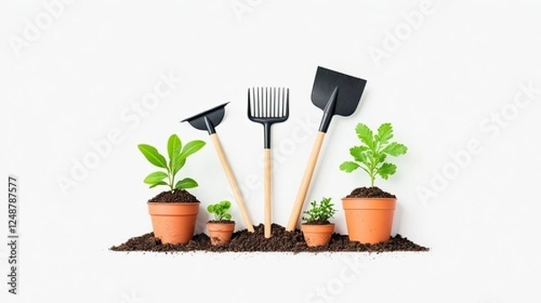 Fototapeta Gardening tools and potted plants arranged on soil, showcasing growth and nurturing in a clean setting