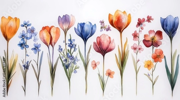 Fototapeta Vibrant watercolor illustration of various flowers arranged in a colorful display on a white background