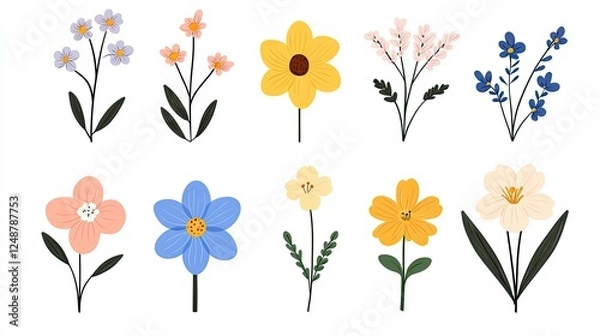 Fototapeta Colorful floral illustration featuring various flowers with diverse shapes and colors