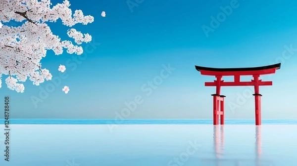 Obraz Japanese beach, torii gate, cherry blossoms floating, 3D illustration
