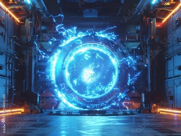 Fototapeta Portal science future innovation quantum computer laboratory technology tunnel travel time machine