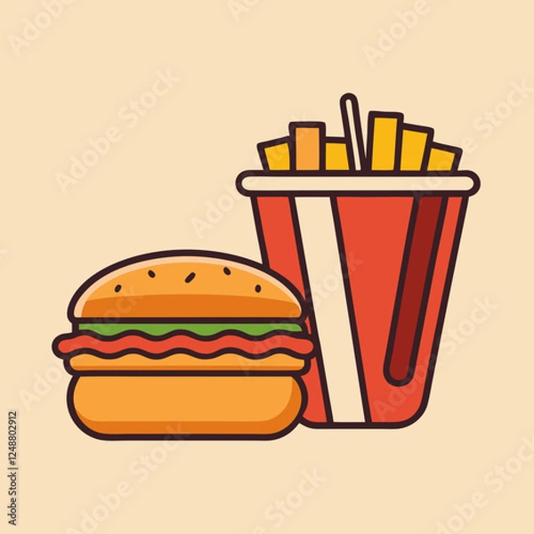 Fototapeta A minimalist and sleek fast food logo with a single-line drawing of a burger, fries, and a soda cup,