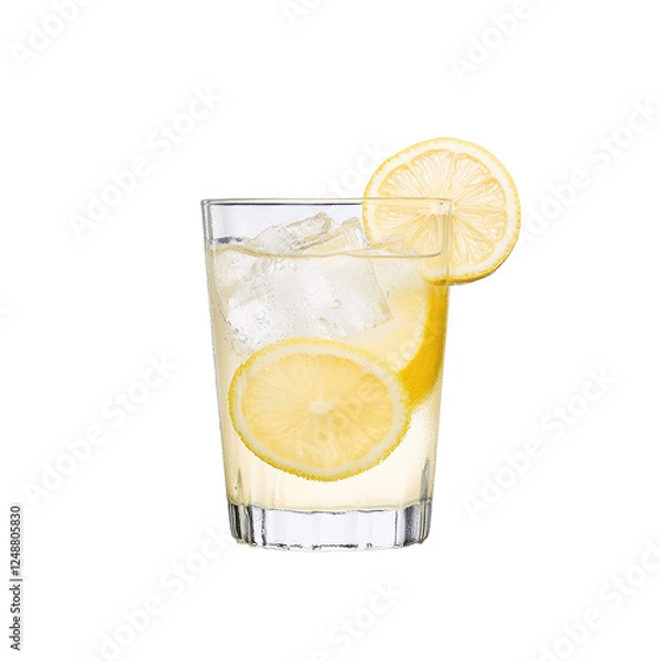 Fototapeta Refreshing lemonade in a glass with ice and lemon slice, white isolated background.