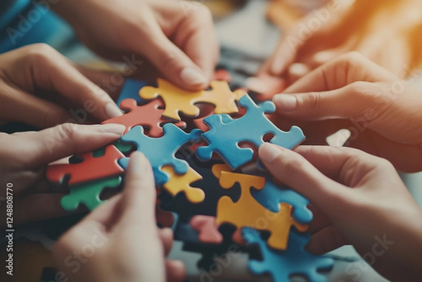 Fototapeta Teamwork and collaboration concept depicted through hands assembling colorful jigsaw puzzle pieces on a table