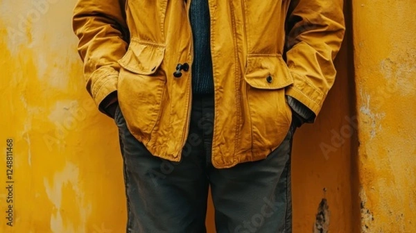 Obraz Man in artist streetwear standing in front of a bright yellow wall with copy space for text or design