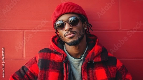 Obraz Man in red hat and sunglasses wearing streetwear posing against urban background with copy space