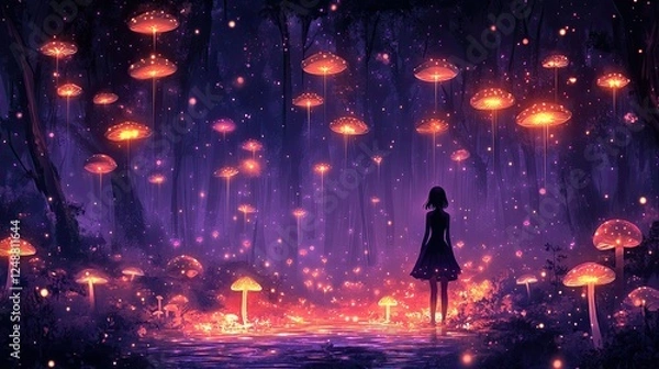 Fototapeta Enchanted forest scene with glowing mushrooms and floating lights, capturing a mystical atmosphere