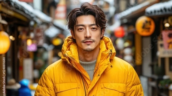Obraz Man in yellow jacket wearing asian streetwear standing on urban street with copy space for text