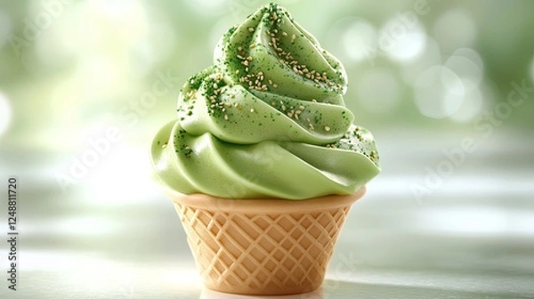Fototapeta Creamy green soft-serve ice cream in a waffle cone with sparkling toppings on a blurred background