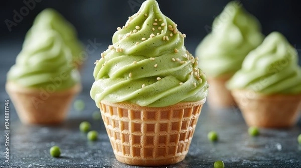Fototapeta Delicious green tea soft serve ice cream cones displayed on a dark surface with scattered peas