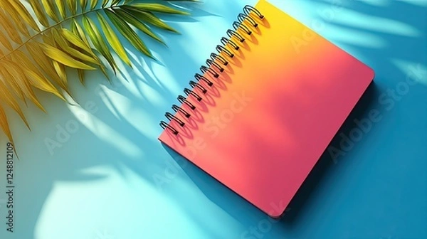 Fototapeta Vibrant spiral notebook resting on a blue and orange gradient surface with tropical leaves