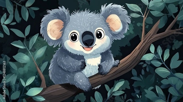 Fototapeta Cute cartoon koala sitting on a tree branch in a lush green forest at night, smiling happily