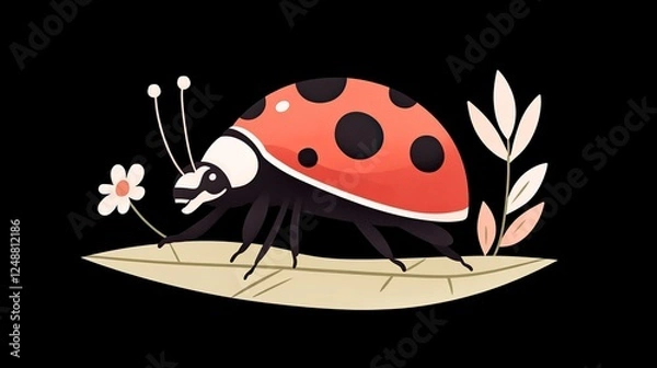 Fototapeta Colorful ladybug on a leaf with a flower, set against a dark background, showcasing nature's beauty