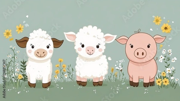 Fototapeta Three adorable cartoon farm animals standing in a field of flowers, showcasing a playful scene