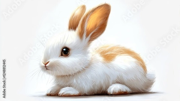 Fototapeta Adorable fluffy rabbit sitting peacefully on a soft surface, showcasing its bright eyes and fur
