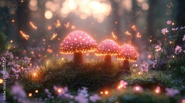Fototapeta Enchanted forest scene featuring glowing mushrooms surrounded by flowers and soft sunlight