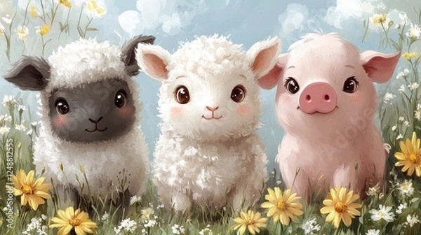 Fototapeta Three adorable cartoon animals, a black sheep, a white sheep, and a pink piglet, sitting in a flower-filled meadow under a bright blue sky