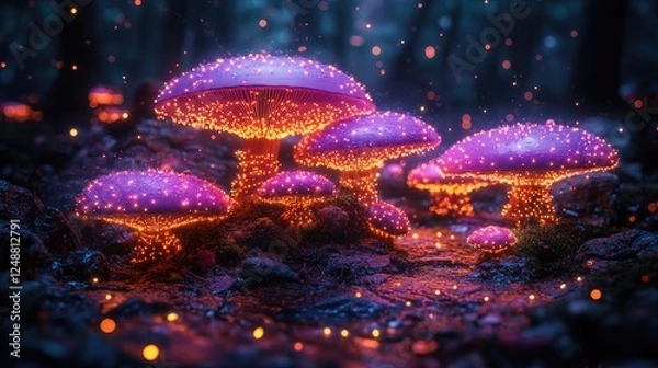 Fototapeta Glowing purple mushrooms illuminate a forest stream at twilight, creating a magical atmosphere