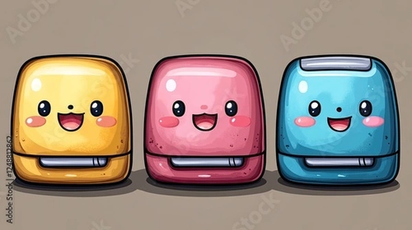 Fototapeta Three cheerful cartoonish mini refrigerators in vibrant colors with smiling faces on a neutral background