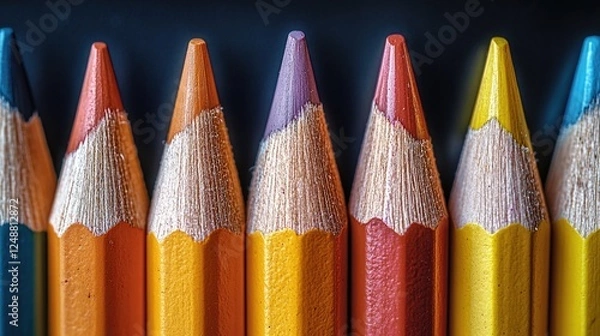 Fototapeta Close-up of vibrant colored pencils arranged in a row against a dark background