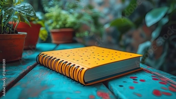 Fototapeta Vibrant orange notebook resting on a colorful table surrounded by lush green plants in a garden