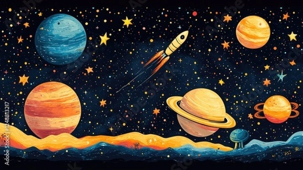 Fototapeta Vibrant cosmic scene featuring a rocket soaring through a starry galaxy with planets