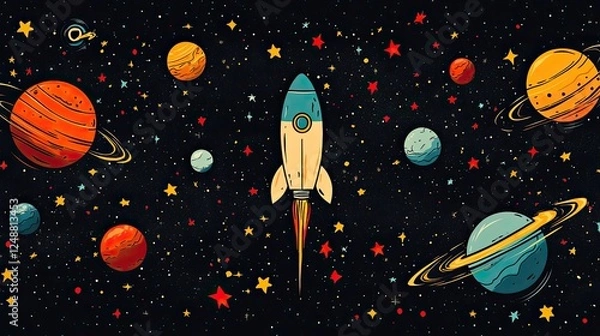 Fototapeta Colorful rocket soaring through space surrounded by vibrant planets and stars, depicting exploration
