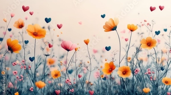 Fototapeta Vibrant field of colorful flowers with heart-shaped elements floating in a dreamy landscape